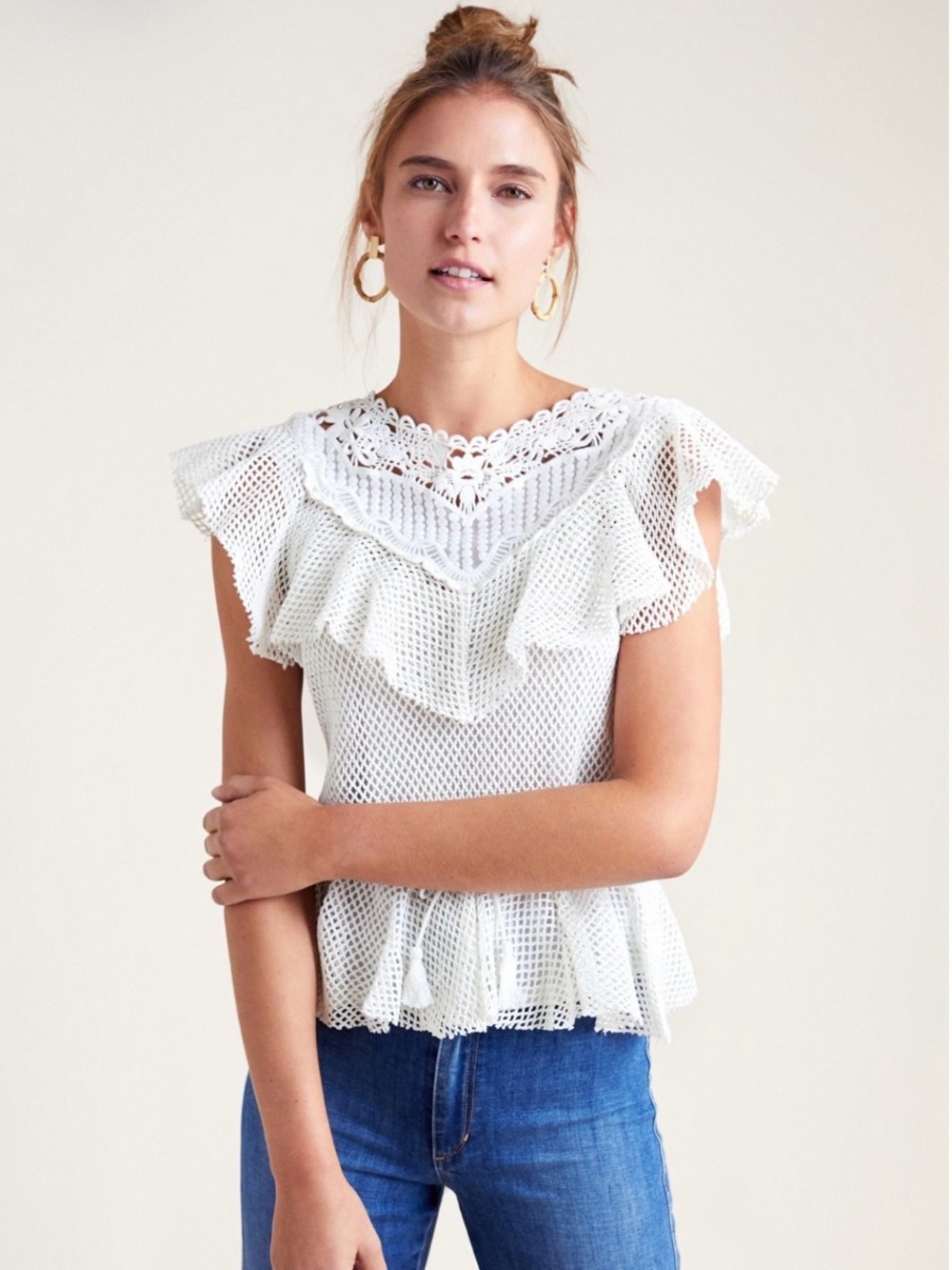 Anthropologie Women's White Crochet Ruffle Top